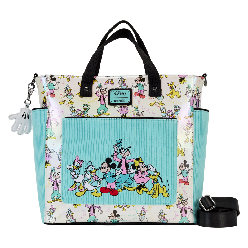 Image of our Loungefly Disney100 Mickey & Friends Classic All-Over Print Iridescent Convertible Tote Bag, featuring Mickey Mouse and friends on the front and all over the bag 